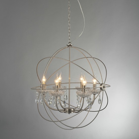 ACA LIGHTING PENDENȚĂ CATANIA 6XΕ14 METAL CROMAT, CRISTAL AD15006