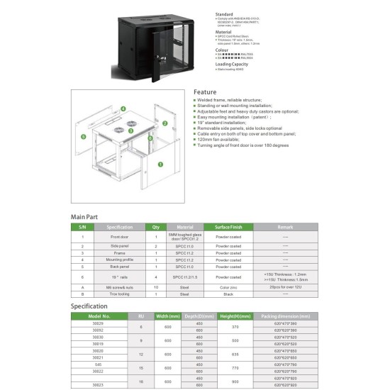 RACK 19" КОМУНИКАЦИОНЕН ШКАФ СТЕНЕН СТЪКЛЕНА ВРАТА 15U W600/D450/H770
