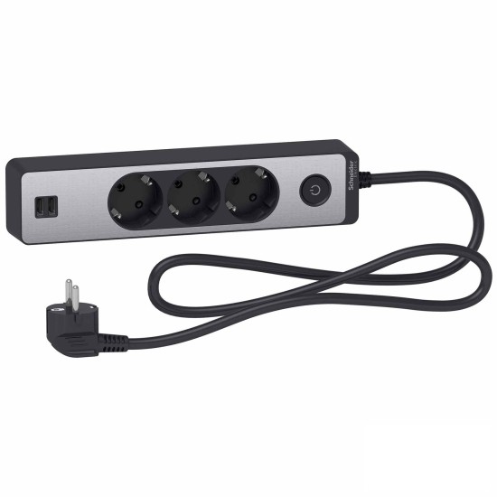 UNICA РАЗКЛОНИТЕЛ 3 ШУКА+2USB С КЛЮЧ С 1.5М КАБЕЛ АНТРАЦИТ/АЛУМИНИЙ ST943U1BA