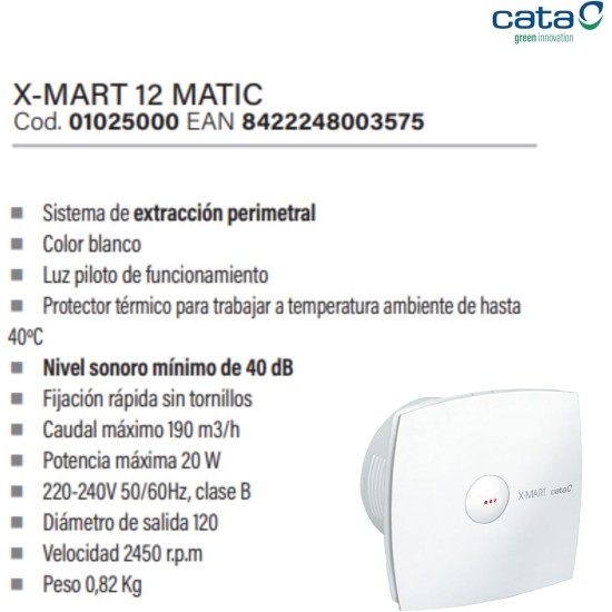 CATA BATHROOM FAN X-MART 12 MATIC 220V Ф120 WHITE